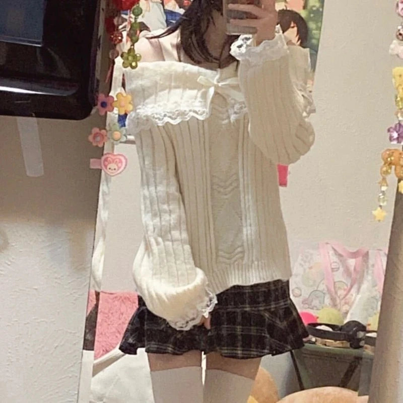 Outfits Harajuku Cosplay Sweater Kawaii Lace Trim Off Shoulder Pullovers Y2k Aesthetic Long Sleeve Jumpers