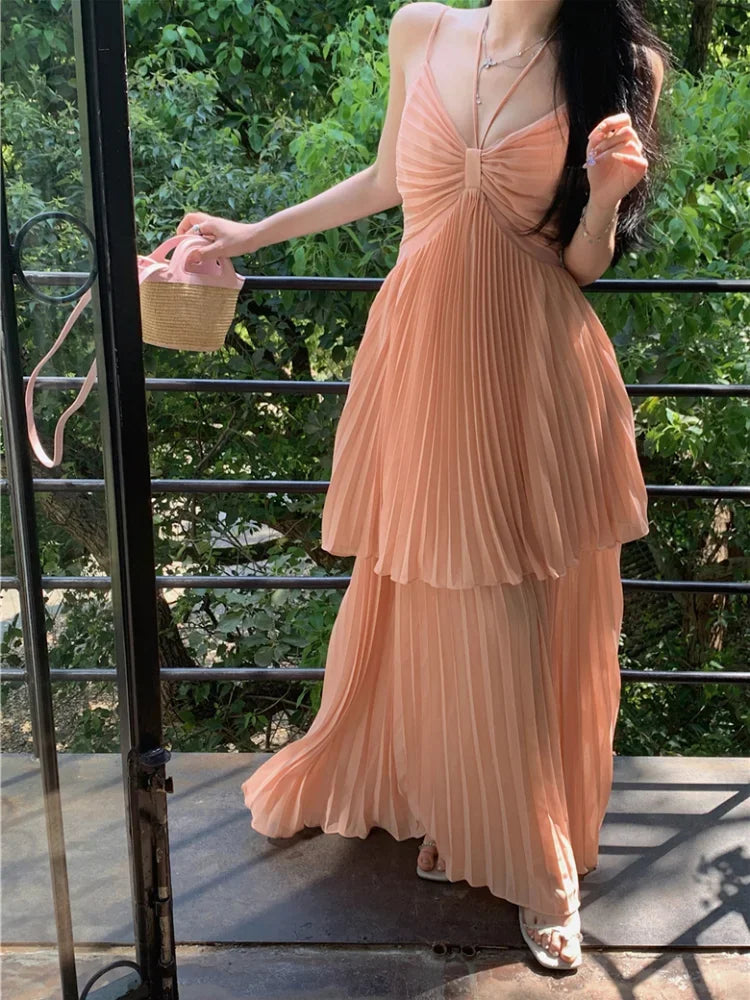 Pleated Maxi Dress for Spaghetti Strap Halter Vacation Robe Style Summer Birthday Dresses Clothes