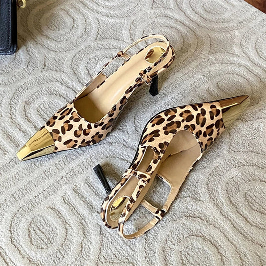 Shallow Pointed Toe Pumps Designer Leopard Print Thin High Heels Stripper Party Slingbacks Shoes