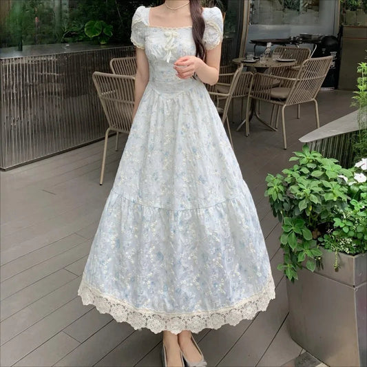 French Style Dresses Puff Sleeve Summer Vestidos Mujer Square Neck Long Dress