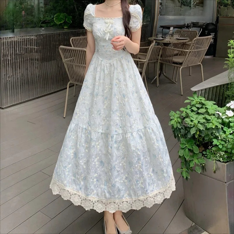 French Style Dresses Puff Sleeve Summer Vestidos Mujer Square Neck Long Dress