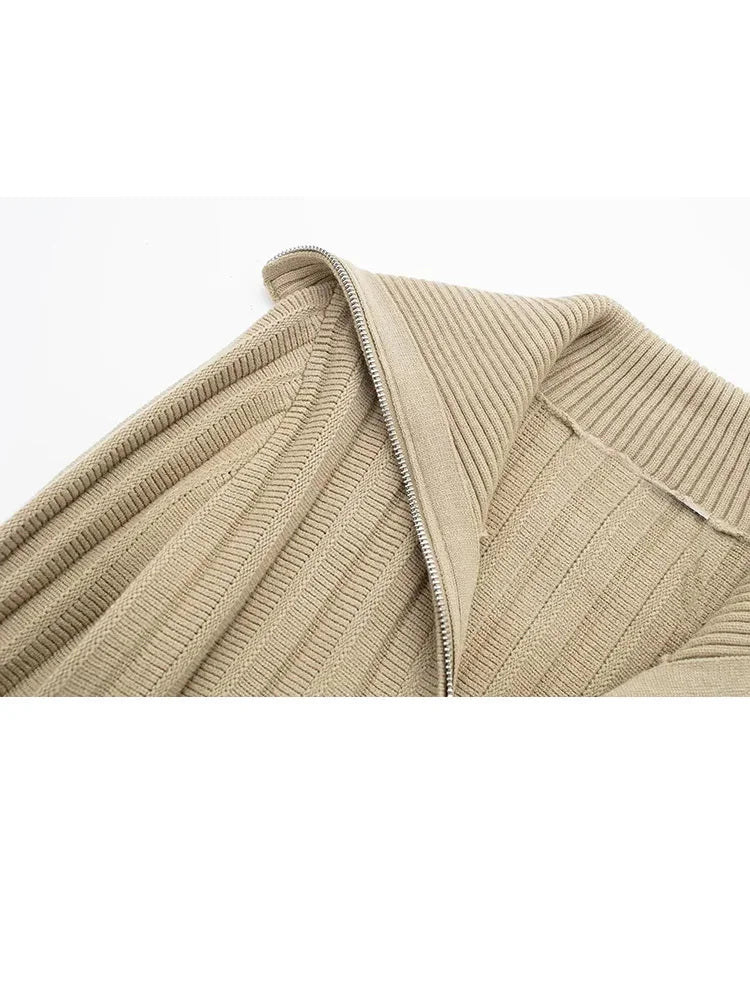 Spring Zip Up Cropped Cardigan Rib Sailor Collar Long Sleeve Slim Sweaters Female Knitted Tops