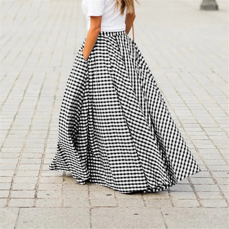 Y2k New Skirts Plaid Check Elastic Waist Long Skirts Zipper Pleated Pockets Skirts
