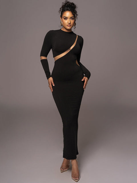 Turtleneck Long Sleeve Bodycon Maxi Dress for Autumn New Patchwork Hollow Out Club Party Long Dress Vestidos