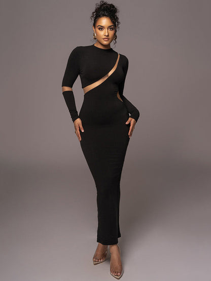 Turtleneck Long Sleeve Bodycon Maxi Dress for Autumn New Patchwork Hollow Out Club Party Long Dress Vestidos