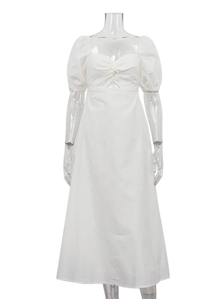 White Square Collar Puff Sleeve Long Dress for Slim A-line Twist Hollow Out Cotton Dresses Autumn