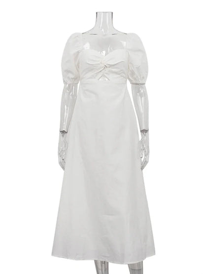 White Square Collar Puff Sleeve Long Dress for Slim A-line Twist Hollow Out Cotton Dresses Autumn