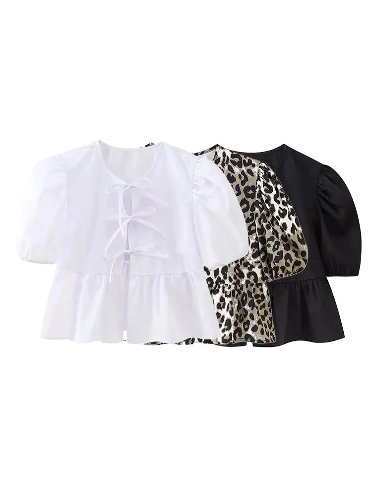 Summer Woman Bow Tied Lace Up Shirts Puff Short Sleeves Blouse Oneck Ruffle Color Tops