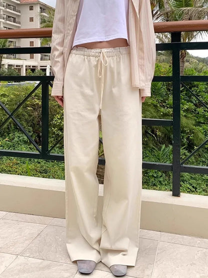 Mushroom Waist Splicing Lace Striped Spring Simple Niche Design Sense New High Waist Wide Leg Pants