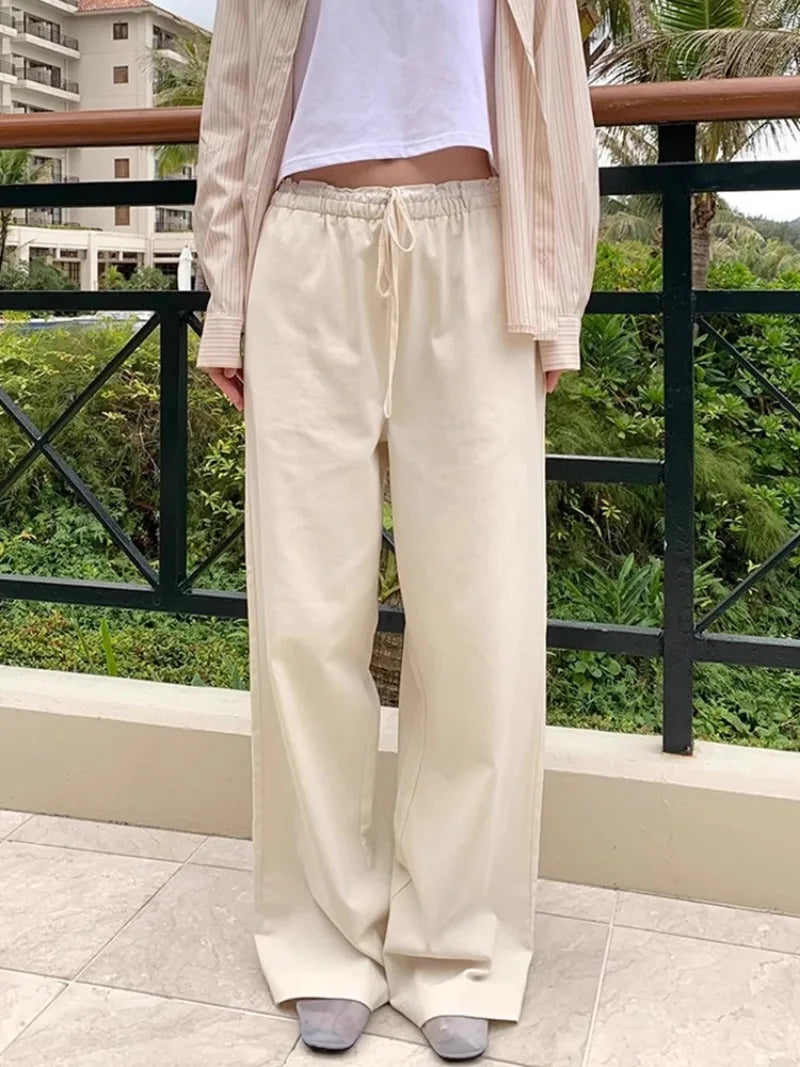 Mushroom Waist Splicing Lace Striped Spring Simple Niche Design Sense New High Waist Wide Leg Pants