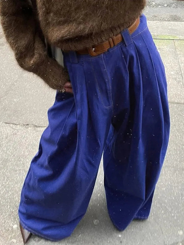 Wide Leg Pleated Pants for Loose High Waist Straight Striped Blue Street Pants Female Spring Street Trousers