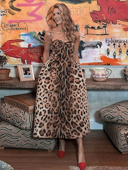Leopard Sling Tube Long Dresses Sleeveless Slim Fit Backless Dress Female Street Party Evening Vestidos