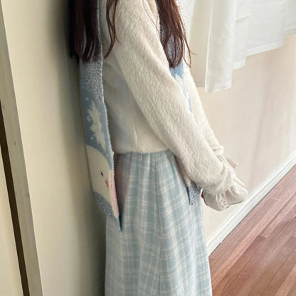 Blue Plaid Woolen Retro Plaid Lace Skirt Autumn Winter New High Waist Slimming Aline Mid Length Long Skirt
