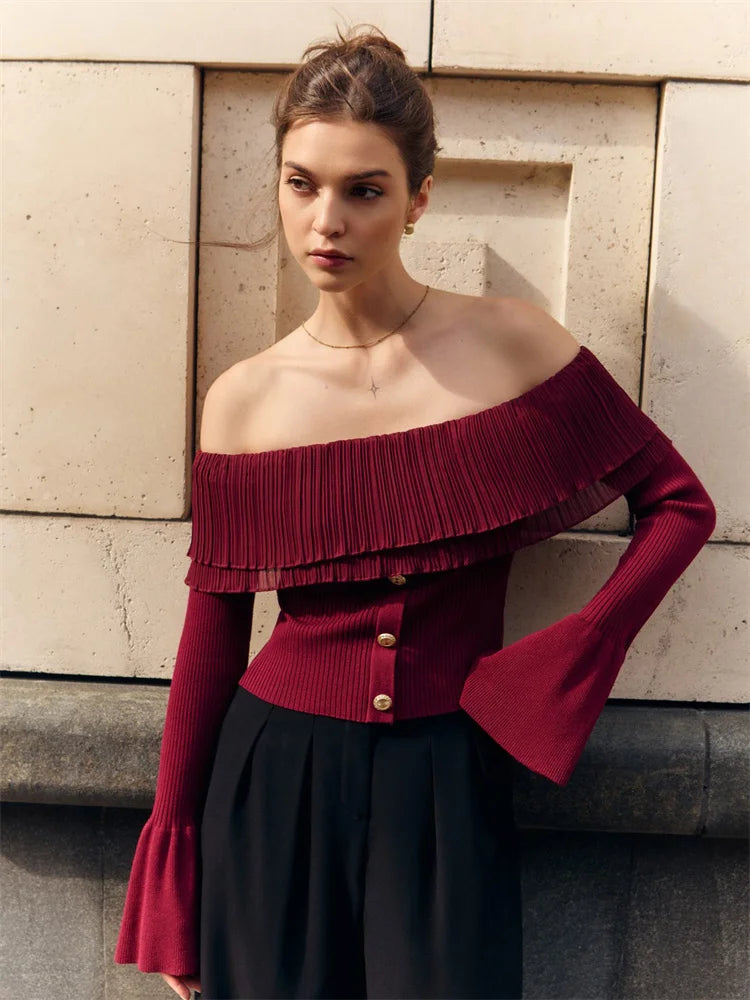 Knit Backless Sweater Pullover Female Patchwork Ribbed Off-shoulder Slim Y2k Autumn Top ’s Knitwear Pullover