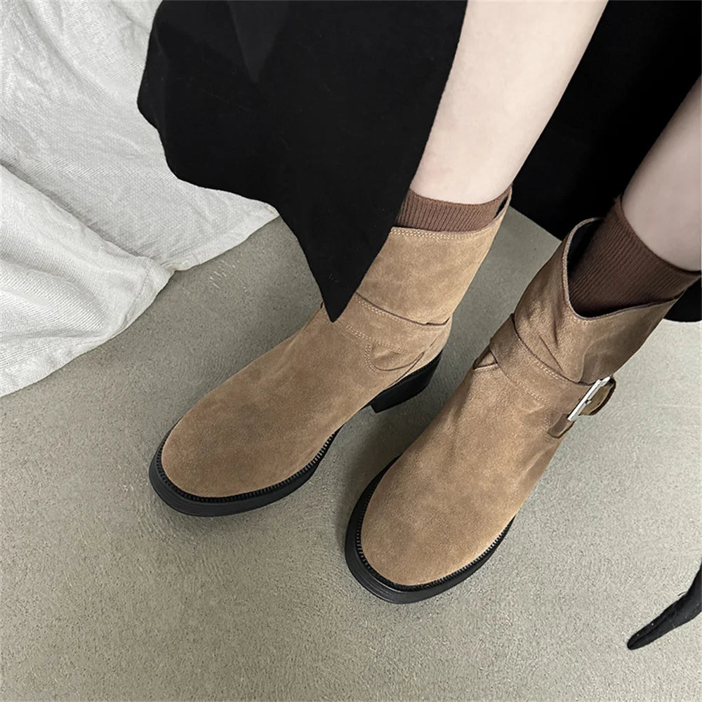 Ankle Boots Cow Suede Round Toe Motorcycle Boots Thick Low Heels Warm Autumn Winter Shoes Buckles Boots