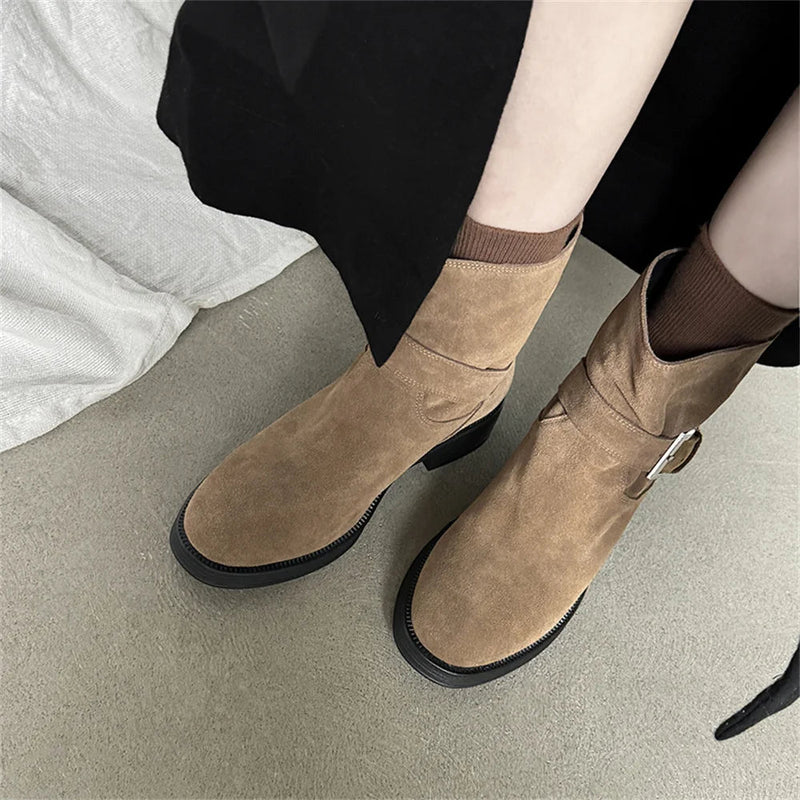 Ankle Boots Cow Suede Round Toe Motorcycle Boots Thick Low Heels Warm Autumn Winter Shoes Buckles Boots