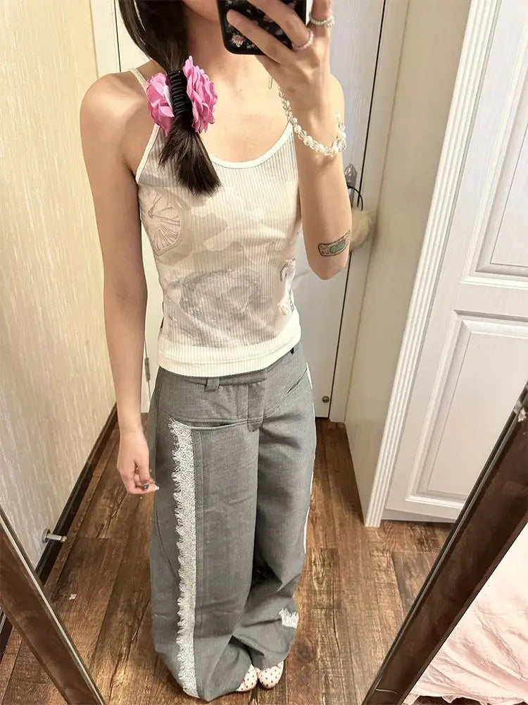 Lace Suit Pants for Y2k Baggy Spliced High Waist Wide Leg Trousers Oversize Office Harajuku Causal Pantalon
