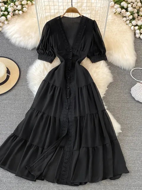 New Party Dress Summer Puff Sleeve V Neck Lace Single-breasted Long Dresses a Line Long Robe