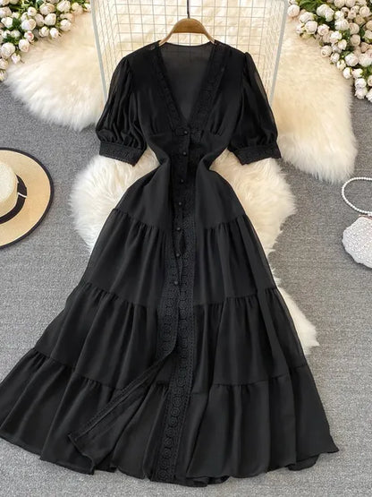 New Party Dress Summer Puff Sleeve V Neck Lace Single-breasted Long Dresses a Line Long Robe
