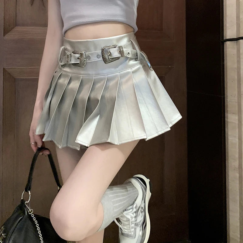 Summer Silver Pleated Skirt Y2k Short Leather Skirt Harajuku Korean Kawaii Aline Mini Skirts