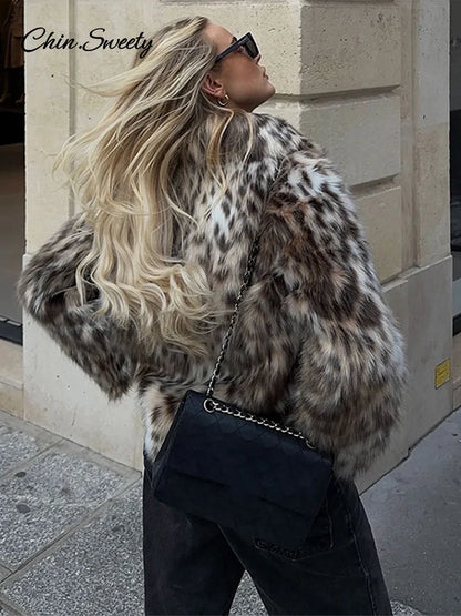 Leopard Print Faux Fur Short Coat Puff Plush Lapel Loose Button Jacket Female Winter Thick Warm Outerwear