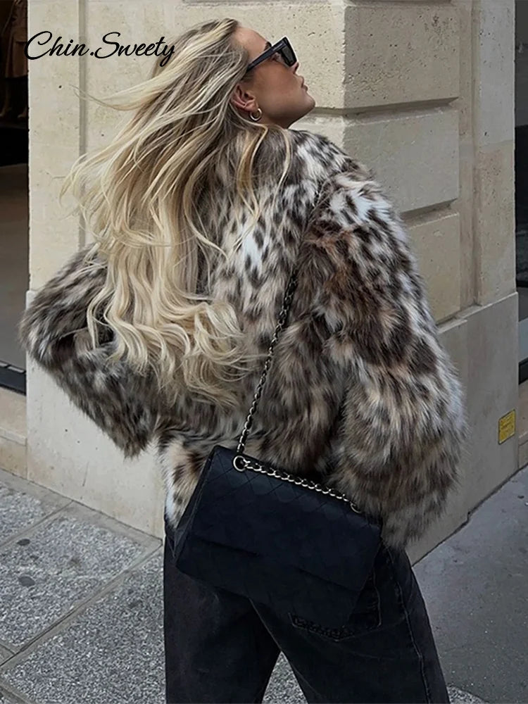 Leopard Print Faux Fur Short Coat Puff Plush Lapel Loose Button Jacket Female Winter Thick Warm Outerwear