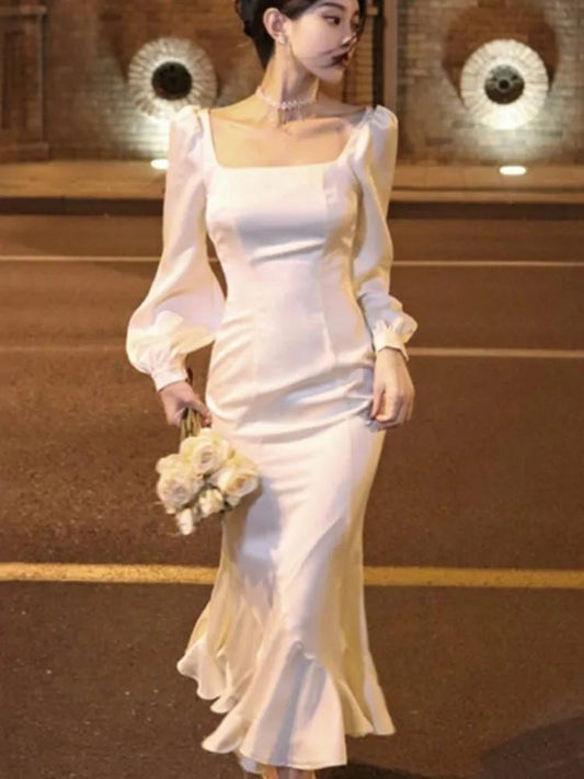 Spring Ruffles Midi Dress Evening Party Prom Vestidos Summer Long Sleeve Female Clothes Robe Korean