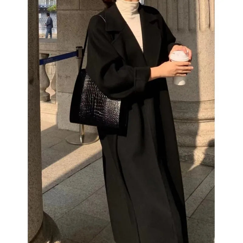 Long Woolen Coat With Belt Autumn Winter New Lapel Long Sleeve Outerwear Overcoat