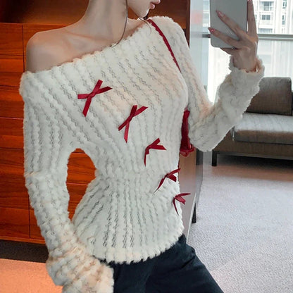 Strapless Slim Long Sleeve Sweater Autumn New Korean Contrast Color Bow Patchwork Knitted Tops