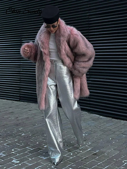 Winter Faux Fur Long Coat for Full Sleeve Fur Collar Oversize Female Jacket New Thick Warm Outwear