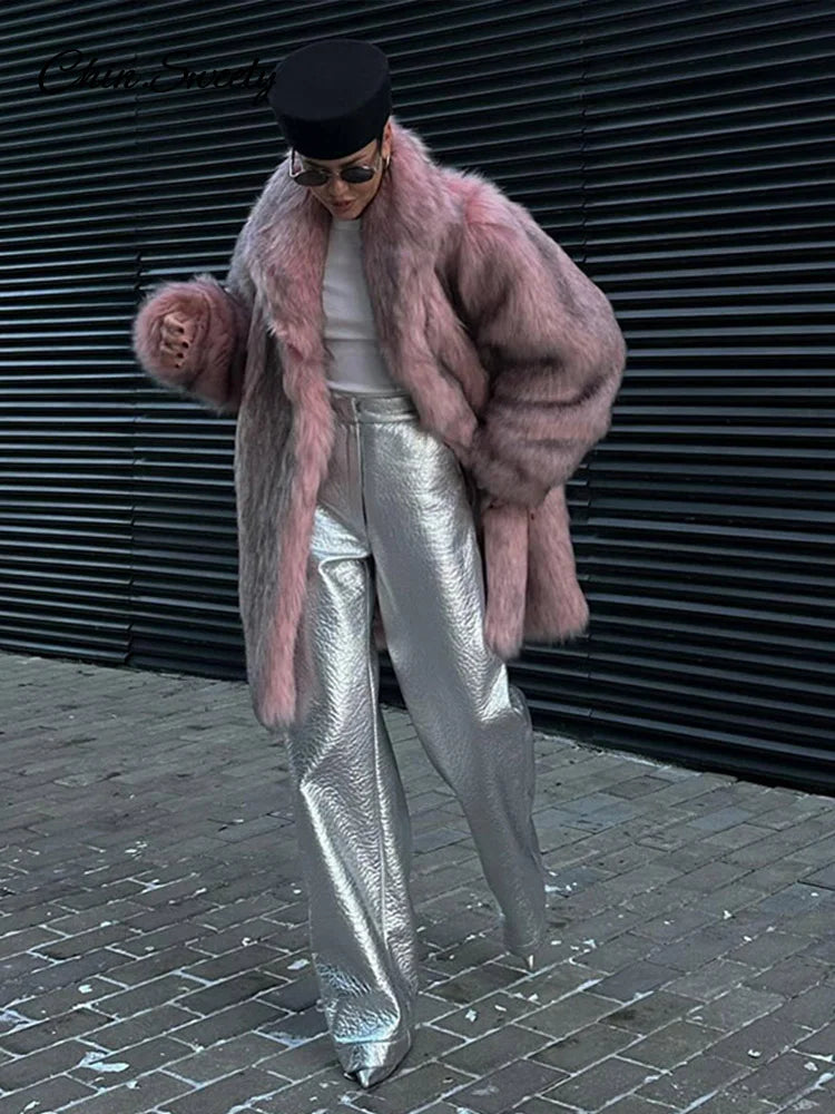 Winter Faux Fur Long Coat for Full Sleeve Fur Collar Oversize Female Jacket New Thick Warm Outwear