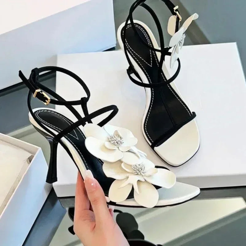 Flower Designer Heels Sandals Open Toe Narrow Band Slingback Shoes Ankle Strap Party Wedding Shoe Zapatos De Mujer