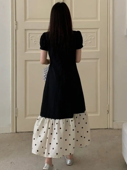 French Black Midi Dresses for Puff Sleeve A-line Patchwork Dot Korean One Piece Vestido Autumn New