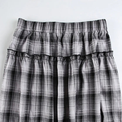 Contrast Color Plaid Aline Skirt Autumn New Korean Pleated Loose All Match Midlength Skirt