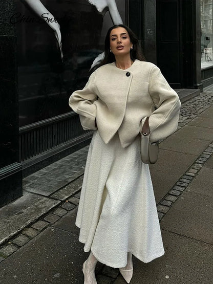 Woolen Blend Jacket for Button O-neck Long Sleeve Coat New Autumn Winter Commute Warm Outwear