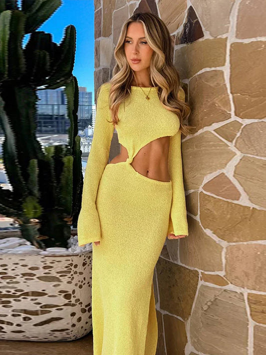 Knitted Hollow Out Long Dresses Slim Fit O-neck Slit Maxi Dress Sun Protection Female Summer Beach Party