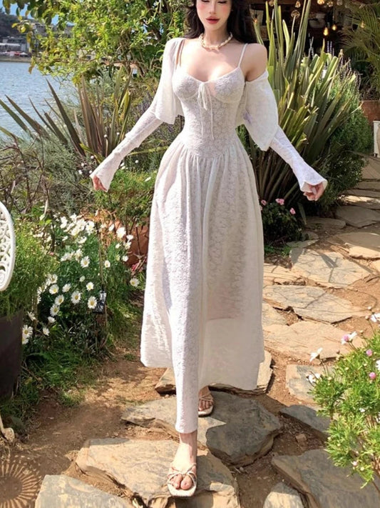 Twopiece Dress Set White Lace Corset Maxi Dress With Long Sleeve Cover Up Fairycore Look
