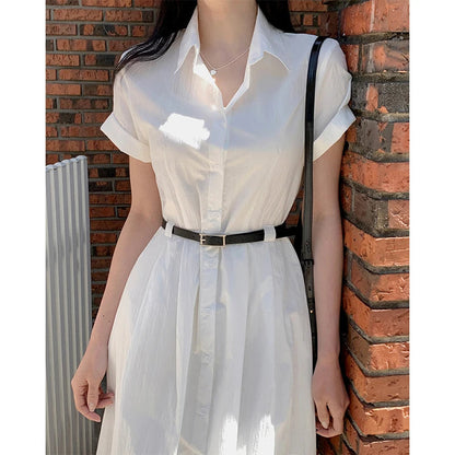 White Midi Dress With Belt Short Sleeve Shirts Dresses Summer Korean Aesthetic Single Breasted Vestidos