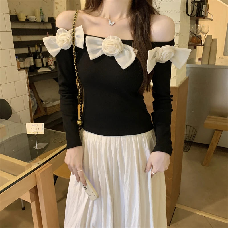 Sweet Hot Girl Off Neck Longsleeved Sweater Autumn Threedimensional Flower Knitted Sweater Female Clothes