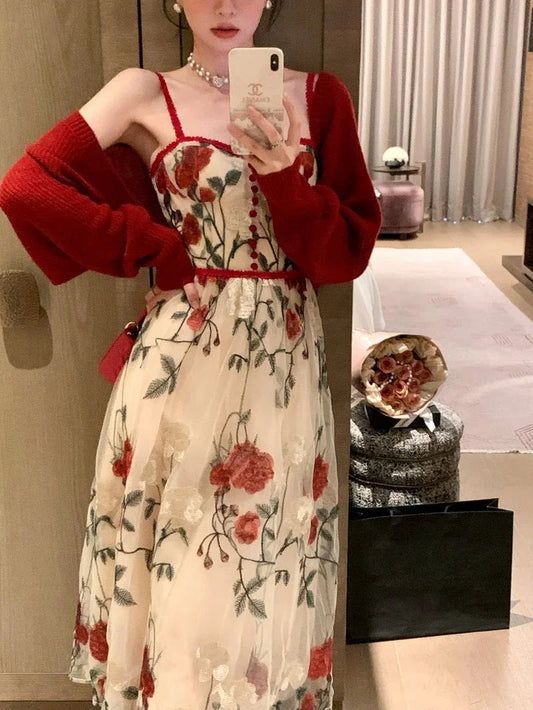 Sweet Hot Girl Suit Autumn Red Longsleeved Cardigan Embroidery Strap Dress Twopiece Set Female Clothes