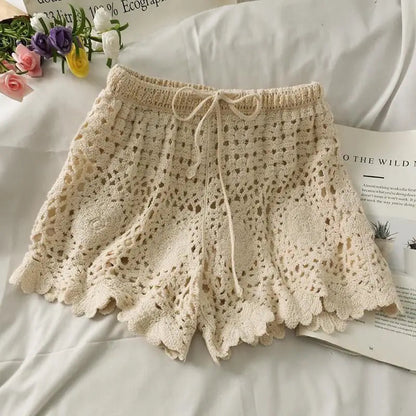 Summer Style Hollow Lace Hook Flower Vneck Camisole Tank Top Shorts Slimming Two Piece Sets Outfits