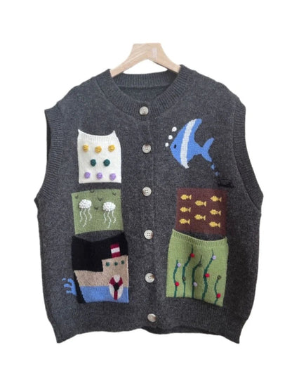 South Korea Hook 3d Flower Vest for Gray Cardigan Clothing Chaleco Mujer Pockets Design Waistcoat