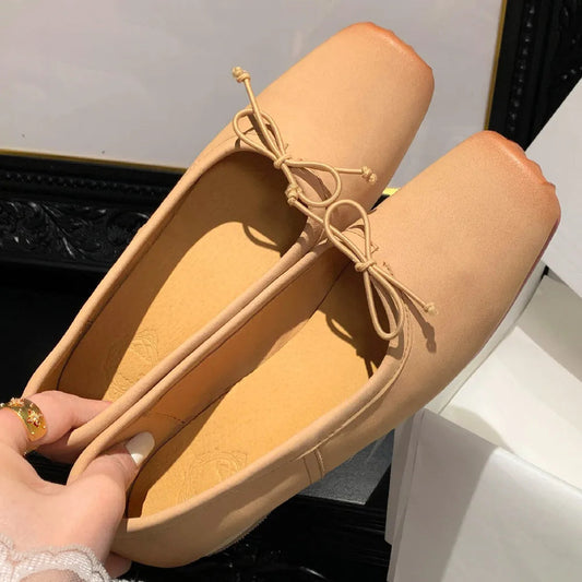Cow Leather Square Toe Slipon Ballet Flats Sweet Bowtie Female Soft Comfortable Shoes for Hot