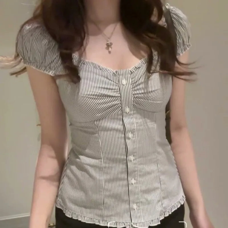 Y2k Stripes Ruffle Blouse