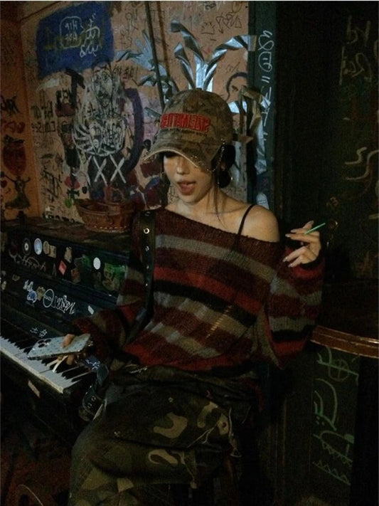 Grunge Y2k Striped Sweaters Hollow Out Ripped Long Sleeve Knitted Pullovers Off Shoulder