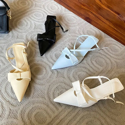 Sandals Butterflyknot Slingback Pointed Toe Pumps Crosstied Low Heeled Dress Shoes Zapatos De Mujer