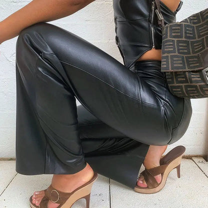 Black Punk Style Pu Faux Leather Pant Pants High Waist Straight Trousers Winter Trousers