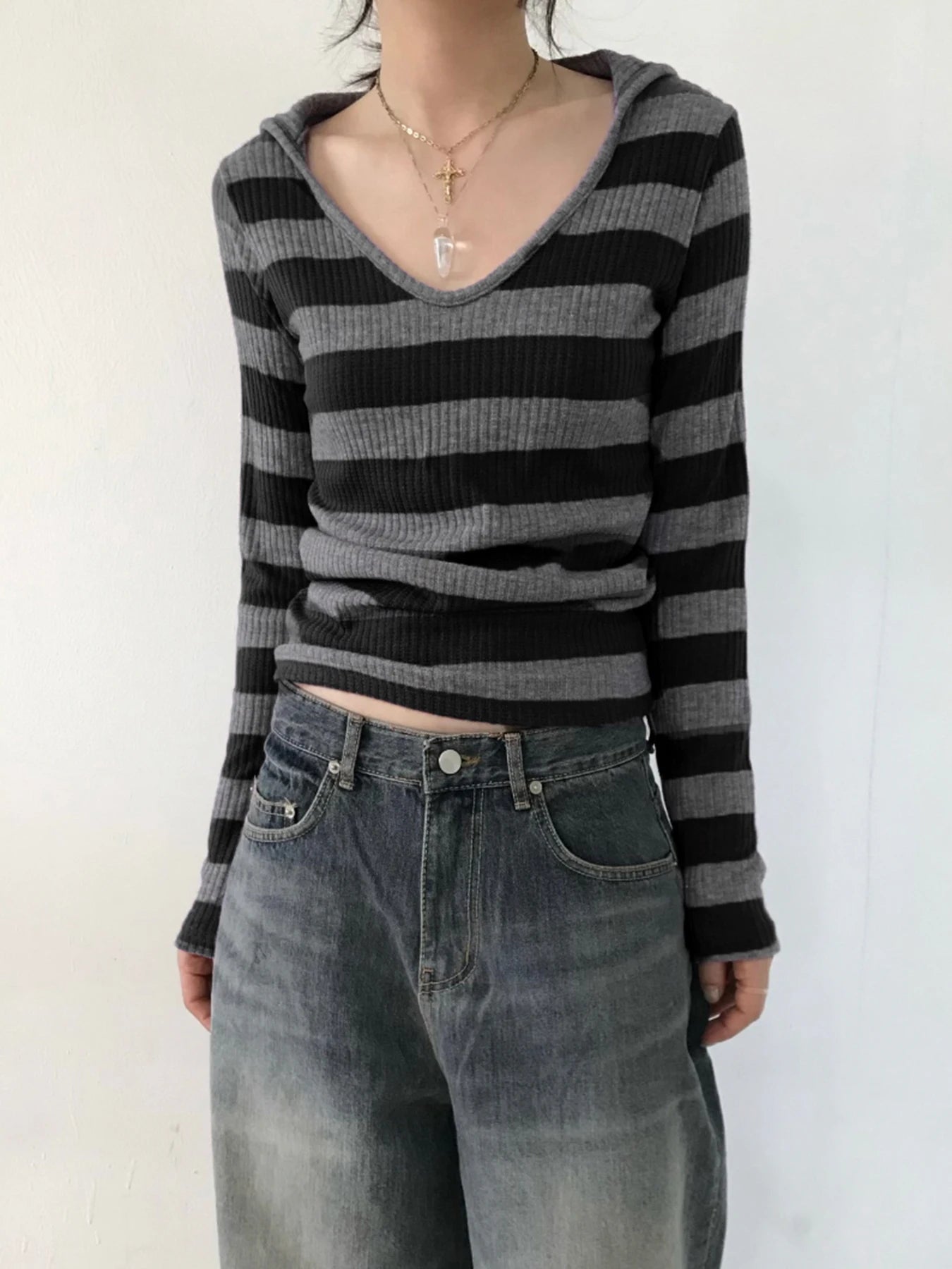 Black Dark Gray Stripe Hooded T-shirt V Neck Slim Long Sleeve Basic Spring Autumn Ribbed Top Preppy Tee