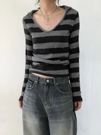 Black Dark Gray Stripe Hooded T-shirt V Neck Slim Long Sleeve Basic Spring Autumn Ribbed Top Preppy Tee