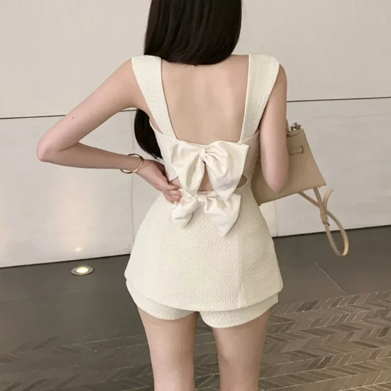 Summer New Hollow Backless Bow Splicing Tweed Camisole + Color Shorts Twopiece Suit